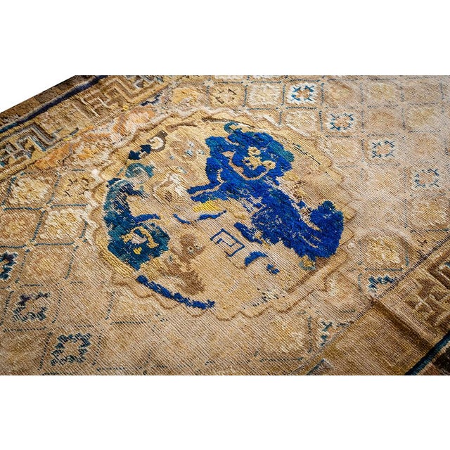 Late 19th Century 1880s Antique Camel Ground Geometric Foo Dog Knotted Chinese Ningxia Rug For Sale - Image 5 of 10