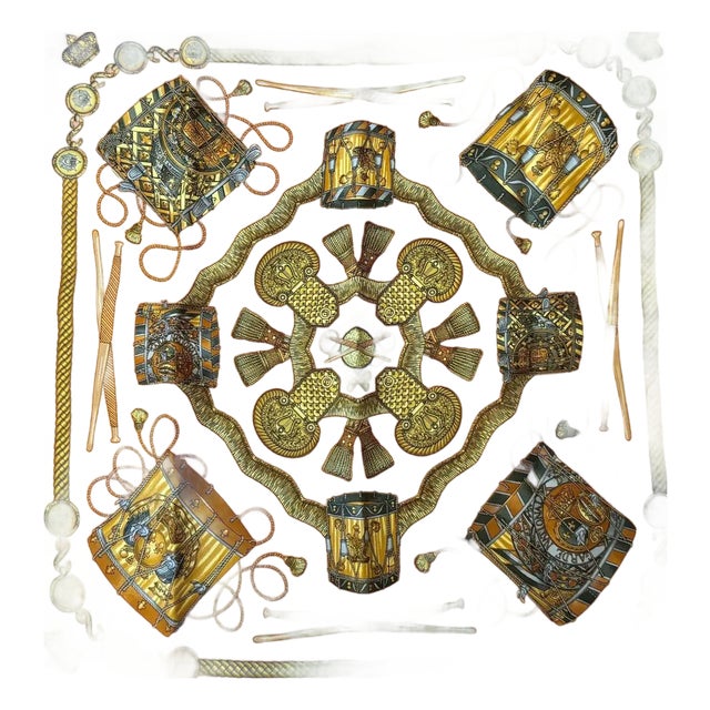 20th Century Classic Orange Silk Carrè Scarf "Les Tambours" by Hermes For Sale
