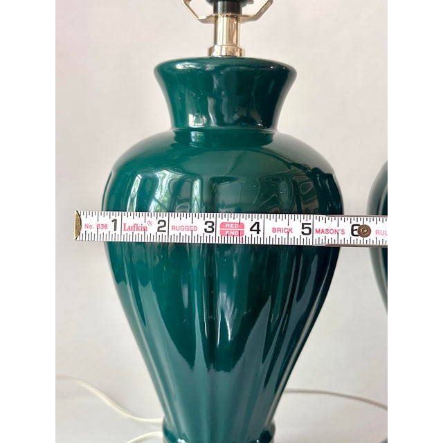 Emerald-Green Ribbed Ceramic Lamps, Pair For Sale - Image 10 of 11
