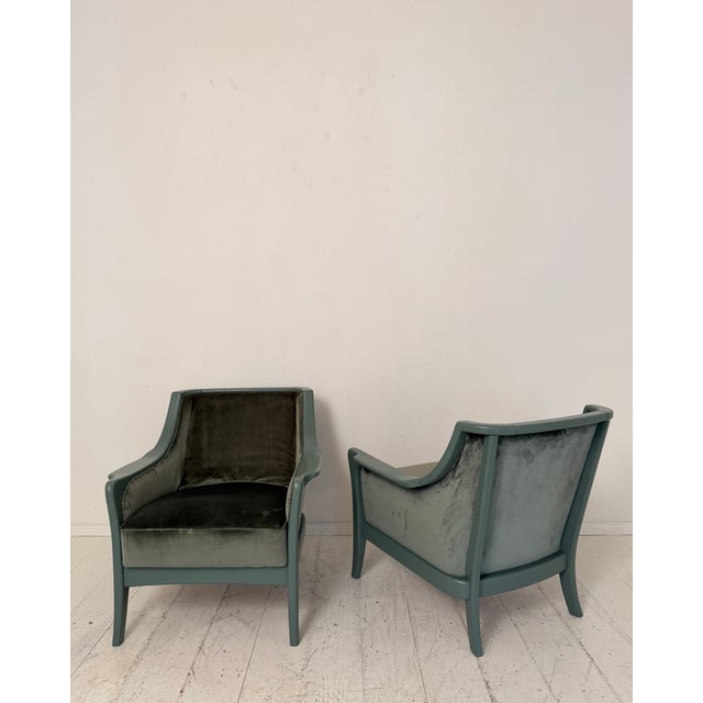 Mid-Century Modern French Lounge Chairs in Green Velvet and Lacquered Wood, 1950, Set of 2 For Sale - Image 6 of 17