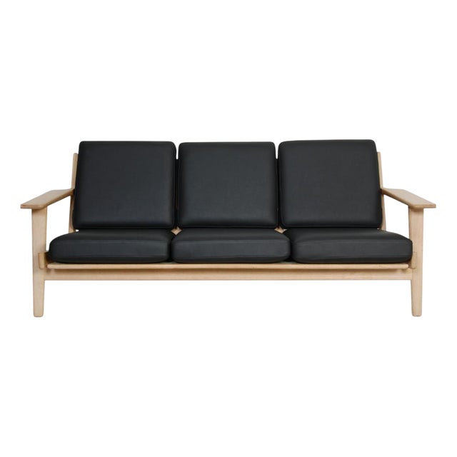 GE290 3-Seater Sofa in Black Leather and Soap-Treated Oak by Hans J. Wegner, 1990s For Sale
