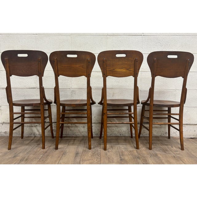 Antique Art Deco Style Tiger Oak Bentwood Bistro Dining Side Chairs - Set of 4 For Sale - Image 10 of 11