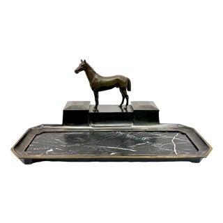 French Bronze & Marble Horse Desk Set with Inkwells, 1900s For Sale