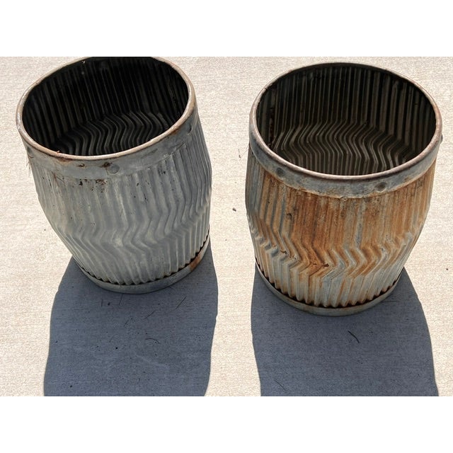 Metal Pair of Antique Galvanized Dolly Tub Planters For Sale - Image 7 of 12