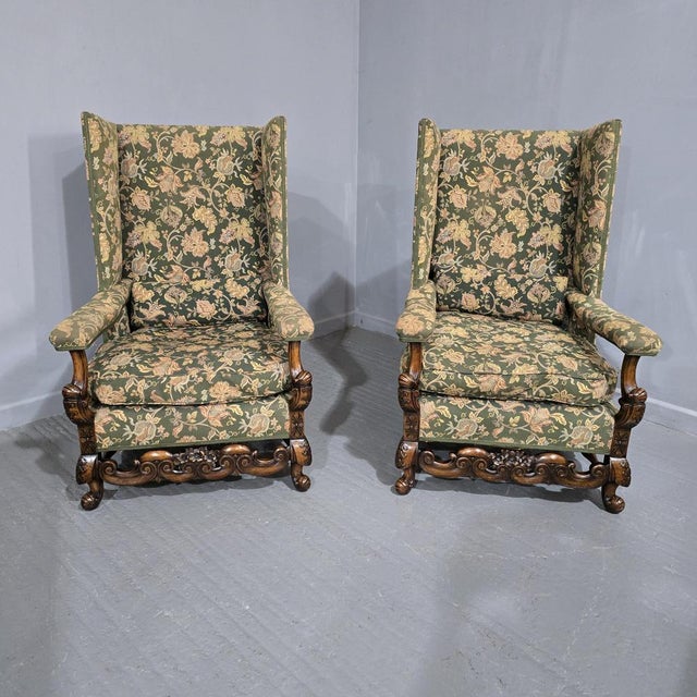 Set of Jacobean Walnut Wing Library Armchairs, 1910 For Sale - Image 13 of 13