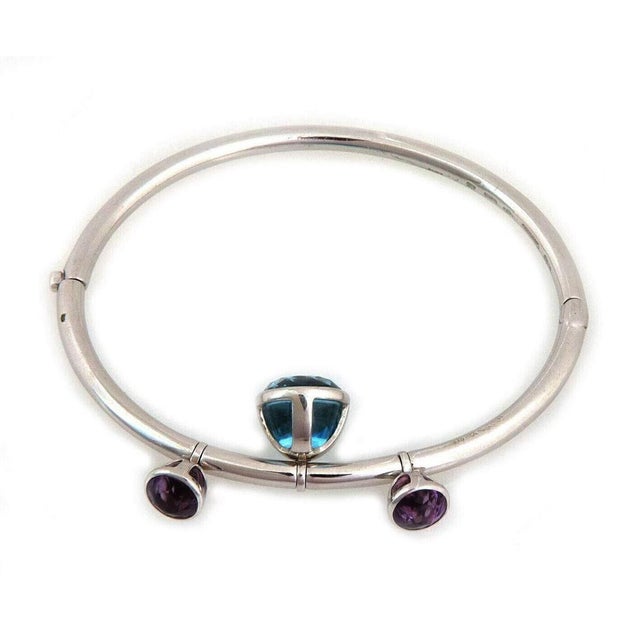 Mid 20th Century Mid 20th Century Gerrard 18k White Gold Bracelet Blue Topaz Amethyst 3-Stone Dangle Charms For Sale - Image 5 of 8