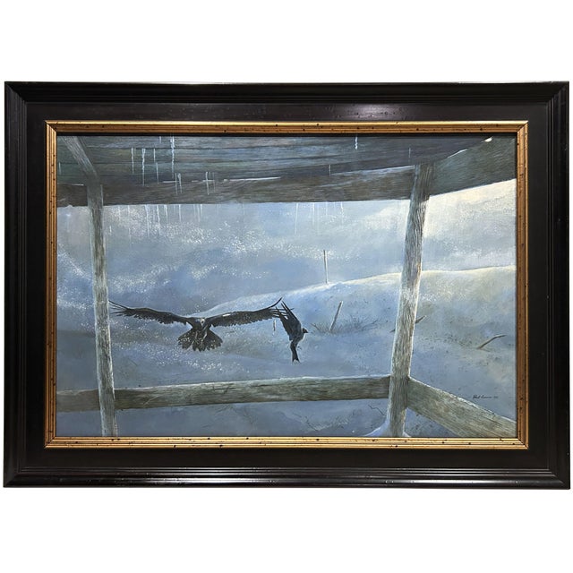 Painting of two black crows flying around a porch in a frozen snow-covered landscape in rural Maine. "Winter Crows,...