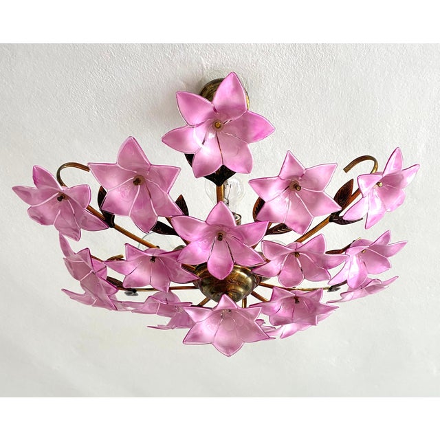 1980s Italian Style Pink Floral Crystal Flush Mount Chandelier, 3-Light For Sale - Image 4 of 17