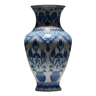 Handmade Ceramic Vase (30cm) Traditional Blue & White “Vase of Life” Tulip Pattern – Faceted Hexagonal Art Decor For Sale