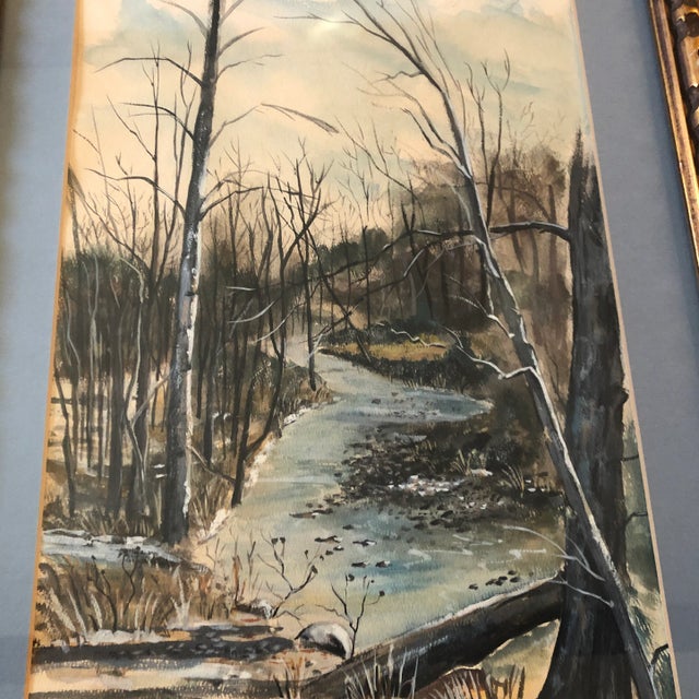 Impressionist Original Vintage Landscape With Stream Watercolor Painting Original Frame 1970’s Signed For Sale - Image 3 of 6