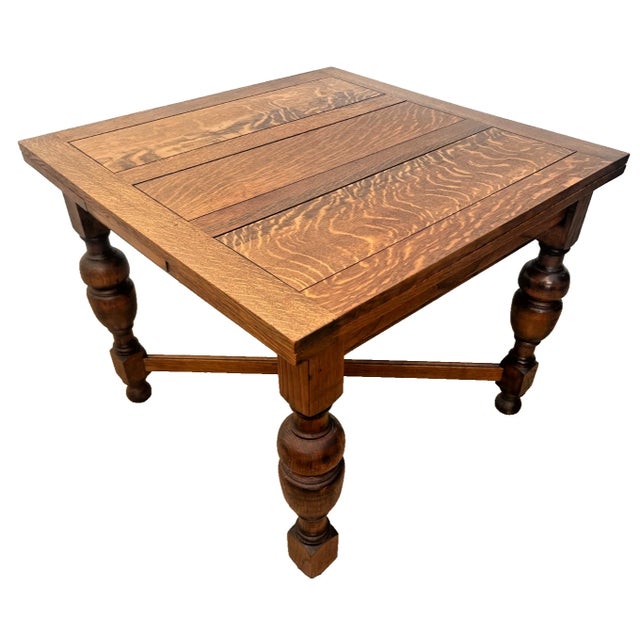 Brown Early 20th Century English Tudor Expansion Table Turned Baluster Legs Quarter Sawn Oak, X-Stretcher 1a For Sale - Image 8 of 16