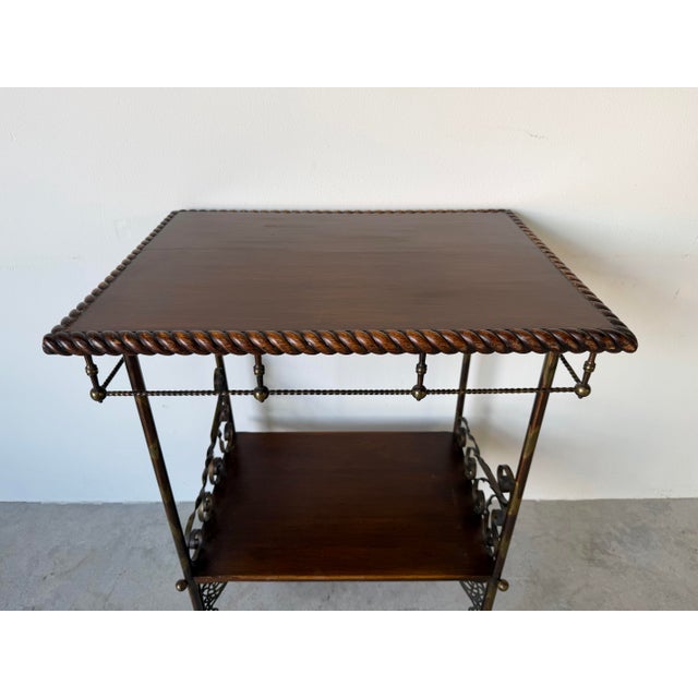 Brown Antique Victorian Oak Wood and Brass Two-Tier Accent Table With Twisted Gallery For Sale - Image 8 of 12