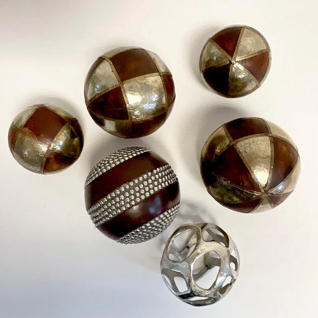 1980s Vintage Boho Chic Arts & Crafts Decorative Balls, Wood and Metal - Set of 6 For Sale - Image 4 of 11