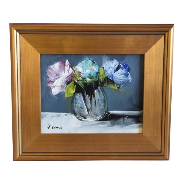 Colorful Mixed Bouquet of Flowers Oil Painting Including the Antiqued Gold Wood Frame For Sale