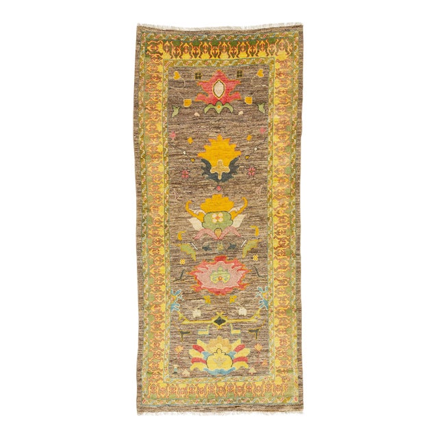 4 X 10 Modern Turkish Oushak Wool Rug in Brown Color With Artwork Pattern For Sale