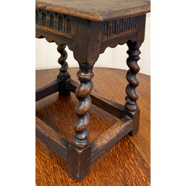 Antique English Footstool Bench Stool Joint Stool Barley Twist Carved Oak c.1900 For Sale - Image 11 of 16