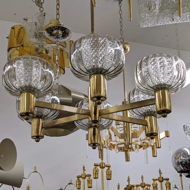 1970s Brass and Smoke Glass German Chandelier For Sale - Image 5 of 8