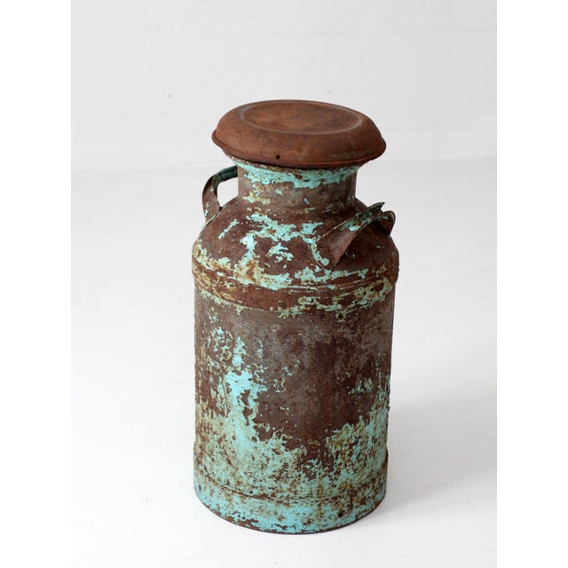 Antique Turquoise Painted Metal Milk Can For Sale - Image 4 of 18