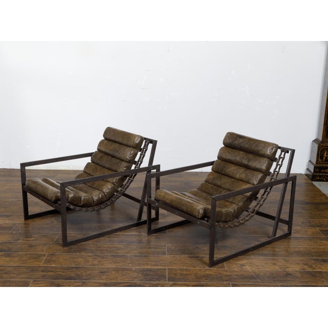 Pair of Mid 20th Century Industrial Iron Sling Transat Chairs with Brown Leather For Sale In Atlanta - Image 6 of 12