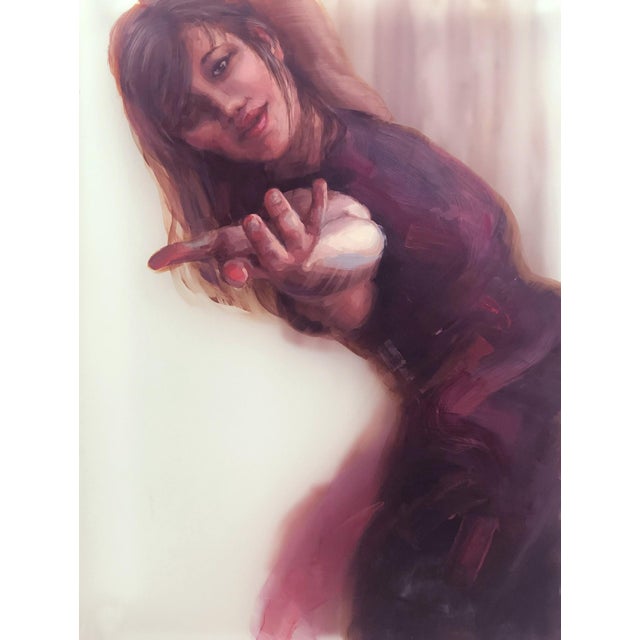 Will You by Michelle Jader | Oil on 2 Acrylic Panels Woman extending her hand in a welcoming gesture. For Sale