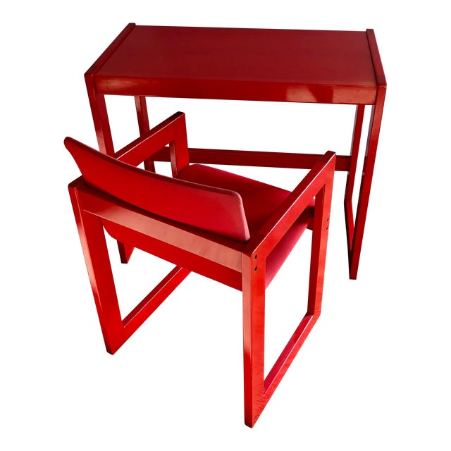 1970s Red Modern Vanity Table and Chair - Set of 2 For Sale