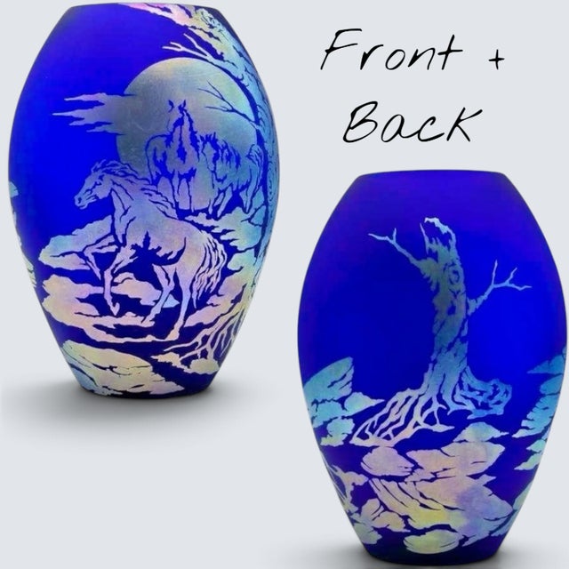 Fenton Art Glass Company Fenton Favrene Wild Horses Oval Vase-Robin Spindler-Signed Limited Ed-2005-Art For Sale - Image 4 of 10
