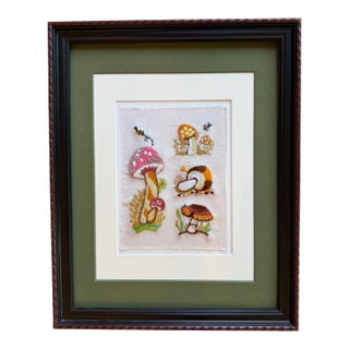 Mid 20th Century Framed Mushroom Textile Art Needlepoint Collage Folk Art For Sale