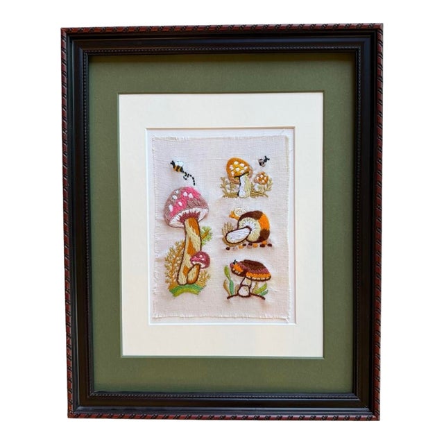 Mid 20th Century Framed Mushroom Textile Art Needlepoint Collage Folk Art For Sale