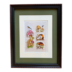 Mid 20th Century Framed Mushroom Textile Art Needlepoint Collage Folk Art