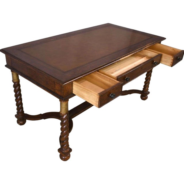 Vintage Hekman Furniture Barley Twist Desk With Tooled Leather Top - 56" X 30" X 30"