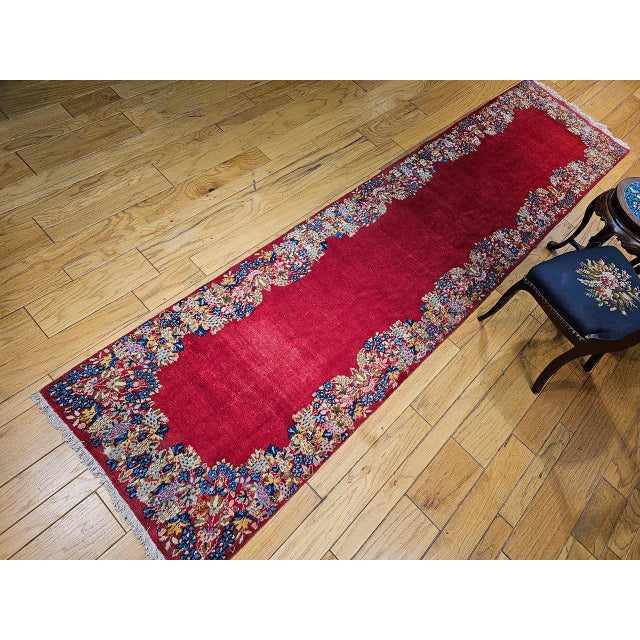 Vintage Persian Kerman Runner Rug, Hand-Knotted Wool, Floral Design, Red & Yellow, 3x13 For Sale - Image 4 of 15
