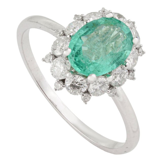 14k Gold Statement Oval Emerald & Diamond Cluster Engagement Ring Size 5.5 For Sale