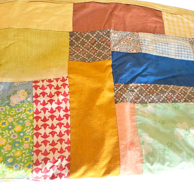 Textile Retro 1960s Handmade Quilt With Vintage Fabric Panels and Velvet Ribbon Trim For Sale - Image 7 of 9