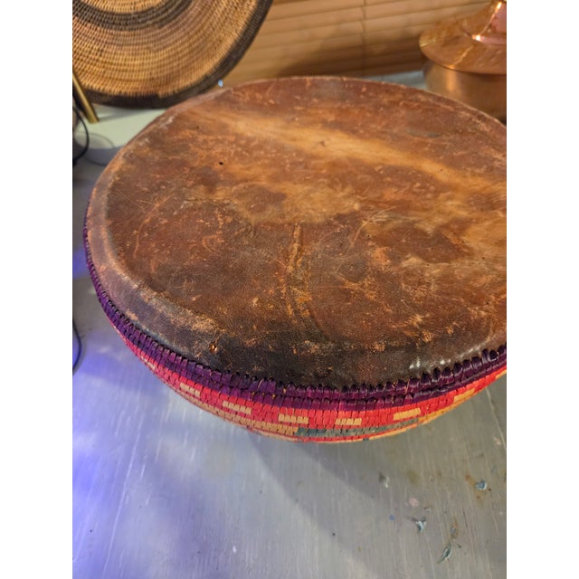 handcrafted, coiled basket with a flat leather lid, featuring vibrant geometric and striped patterns in yellow, red, and...