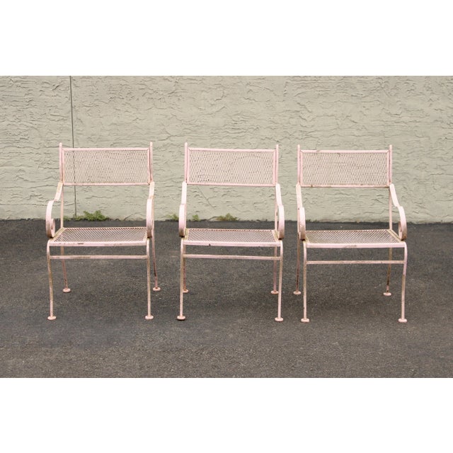 High Quality Set of 3 Vintage Pink Painted Wrought Iron Dining Armchairs, Unsigned Attributed to Woodard