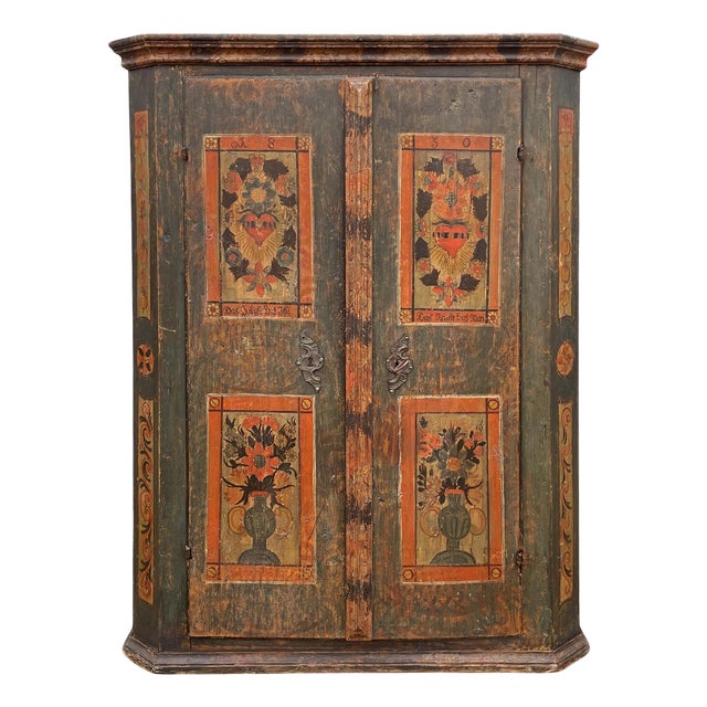 Green Floral Painted Cupboard, 1830s For Sale