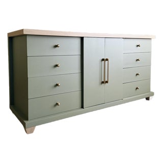 1970s Organic Modern Sage Green Sideboard With Natural Wood Top For Sale