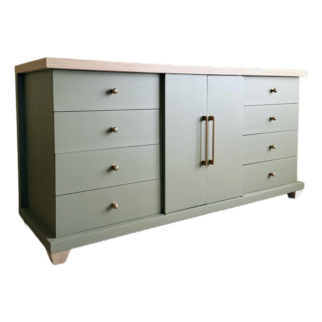 1970s Organic Modern Sage Green Sideboard With Natural Wood Top For Sale