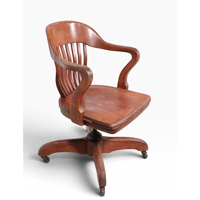 Wood Early 20th Century Bank of England Jury Style Swivel Tilt Desk Chair For Sale - Image 7 of 10