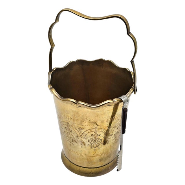 Late 20th Century Brazilian Etched Brass Ice Bucket — Floral Engraved — Insert & Tongs 7.5" For Sale - Image 5 of 17