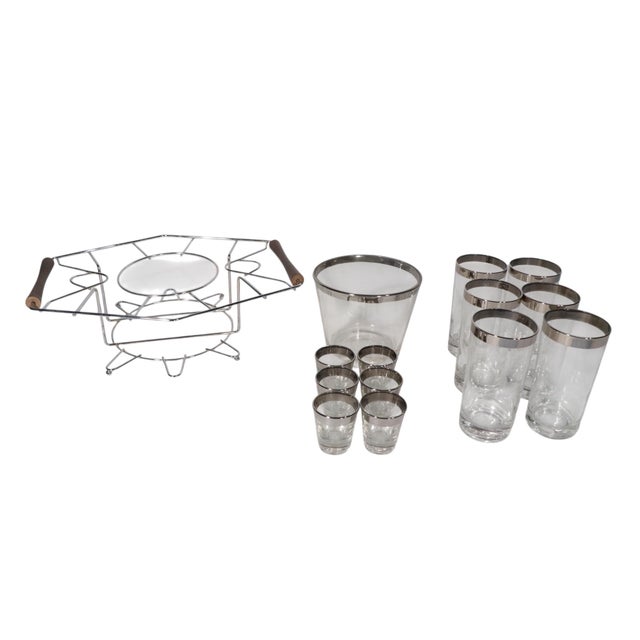 Mid-Century Modern Mid 20th Century 13 Silver Band Drink Set With Chrome and Wood Caddy For Sale - Image 3 of 10