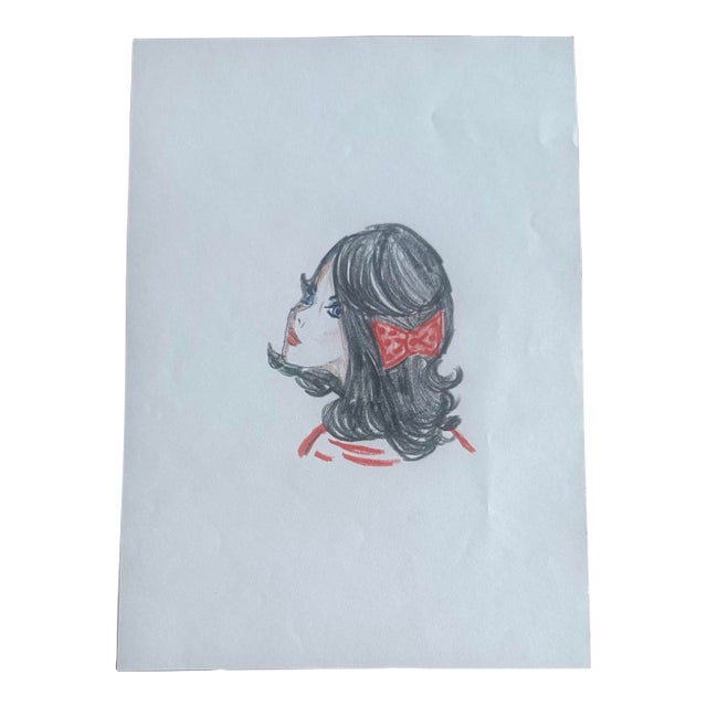 “Scarlet Bow” Vintage Portrait Sketch For Sale