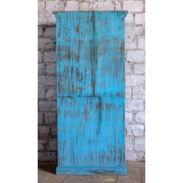 Antique Hand-Carved Blue Armoire With Floral Motifs & Brass Stud Detailing 83x38 For Sale - Image 4 of 7