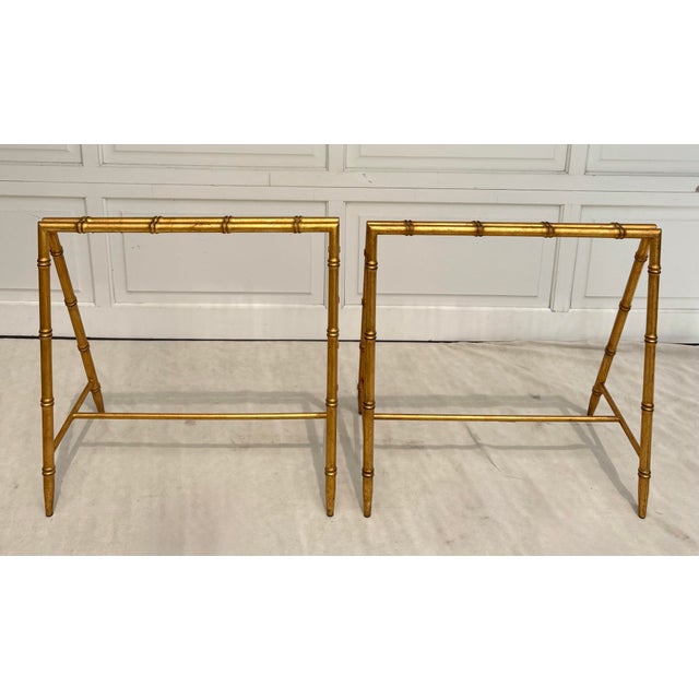 Gold Pair Vintage Gilt Faux Bamboo Sawhorse Form Table Bases in the Style of Tony Duquette For Sale - Image 8 of 10