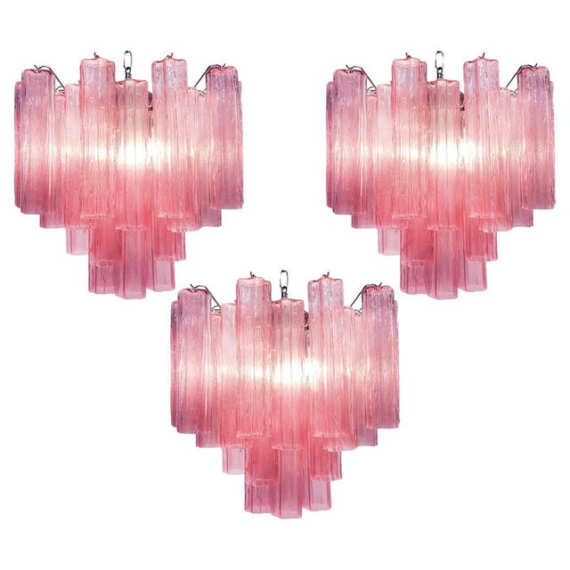 Trio Pink Glass Tube Chandeliers, Murano, 1970s, Set of 3 For Sale - Image 16 of 16