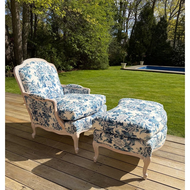 2010s Custom Blue and White Marquis Bergere Chair and Ottoman Set Upholstered in Ralph Lauren For Sale - Image 5 of 18