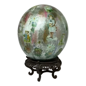 Late 19th Century Victorian Potichomanie Blown Glass Egg Shape Ball or Gazing Ball
