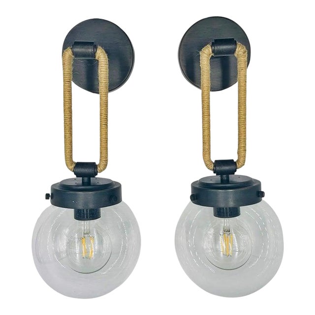 Vintage Attributed to Visual Comfort Modern Jute Rope Wall Sconces Brass Finish With Glass Globes - a Pair For Sale