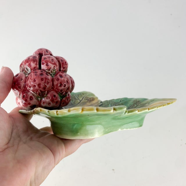 Antique Majolica Like Pottery Plate Leaf Strawberries Wall Hanging Place Card For Sale In Baltimore - Image 6 of 8