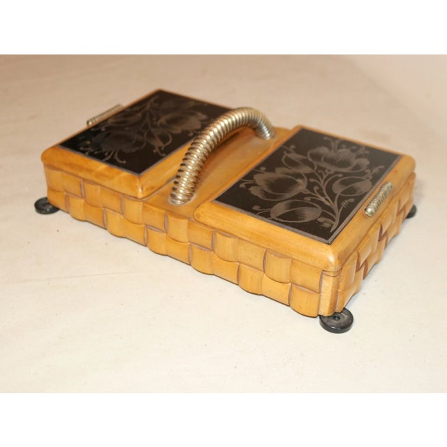 Vintage Handmade Wood Sterling Glass Folk Art Smoking Cigarette Box Case Caddy For Sale - Image 4 of 12